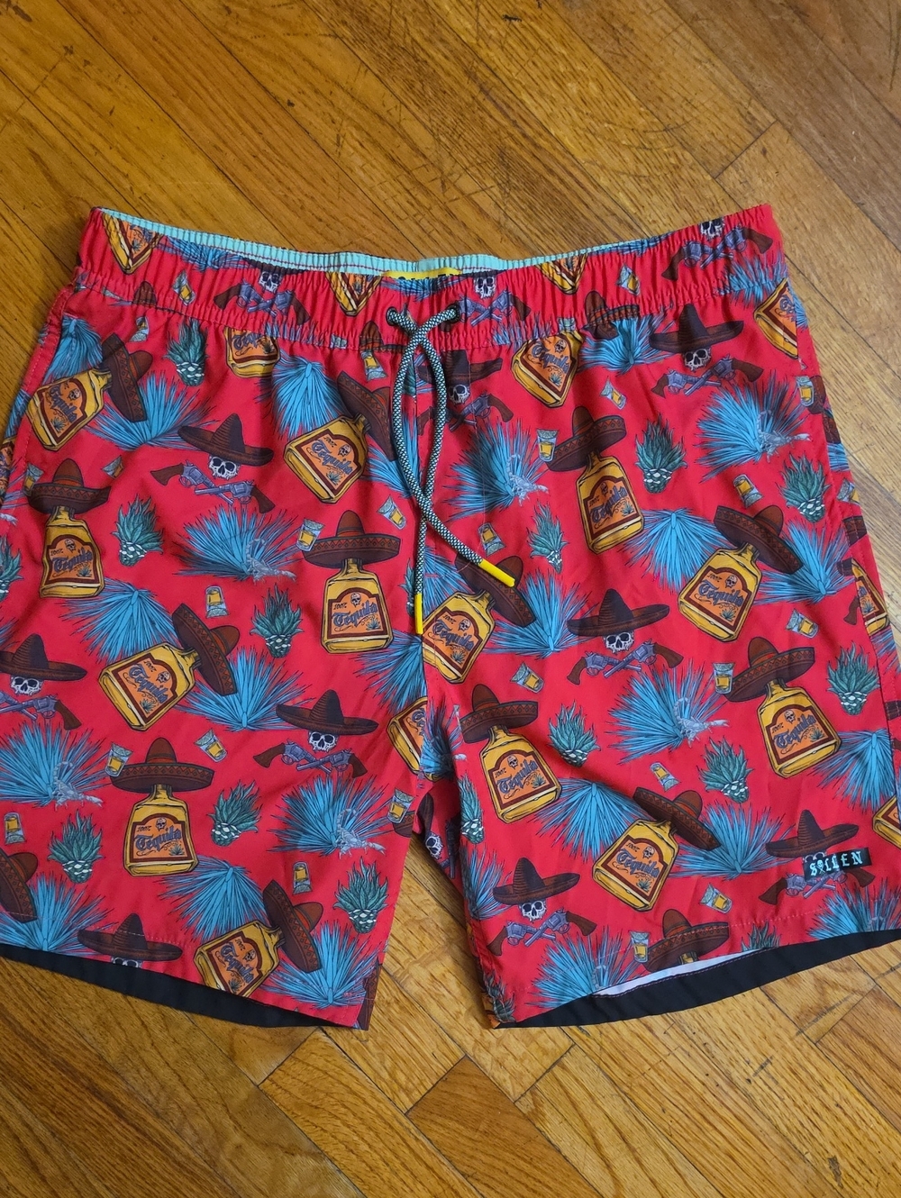 Men's Red Tequila Bottle Print Swim Trunks